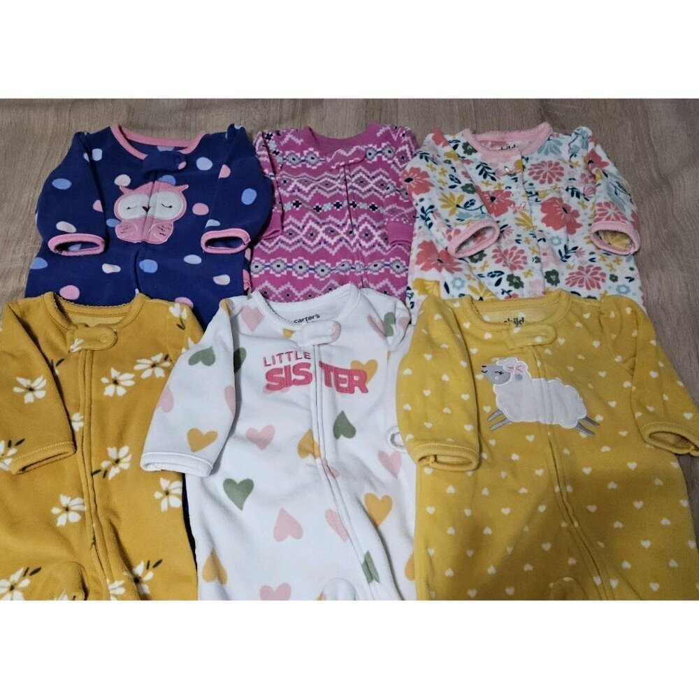 Lot Of 6 Carters Fleece Footed Pjs Pajamas Sizes Newborn 0-3 Months Girls Cozy